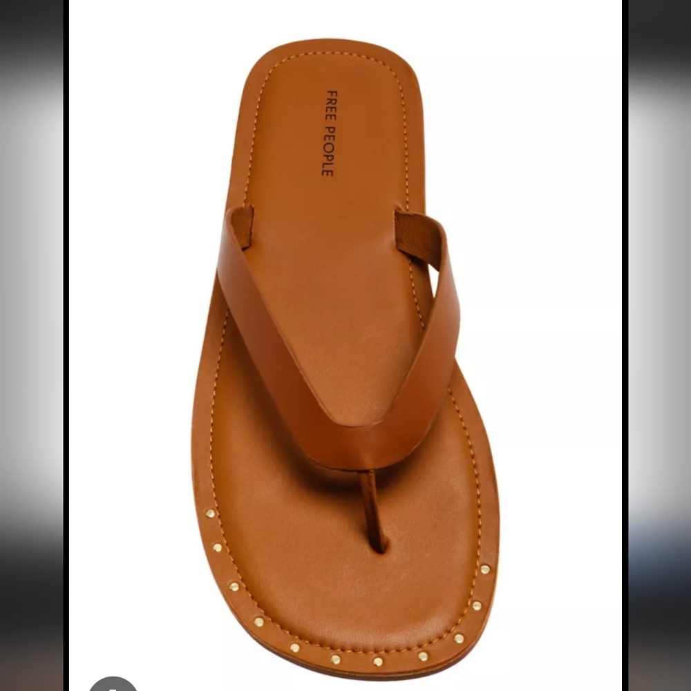 Free People Women's Cognac Brown Leather Studded Flip Flop Sandals Size 10 - Picture 2 of 9